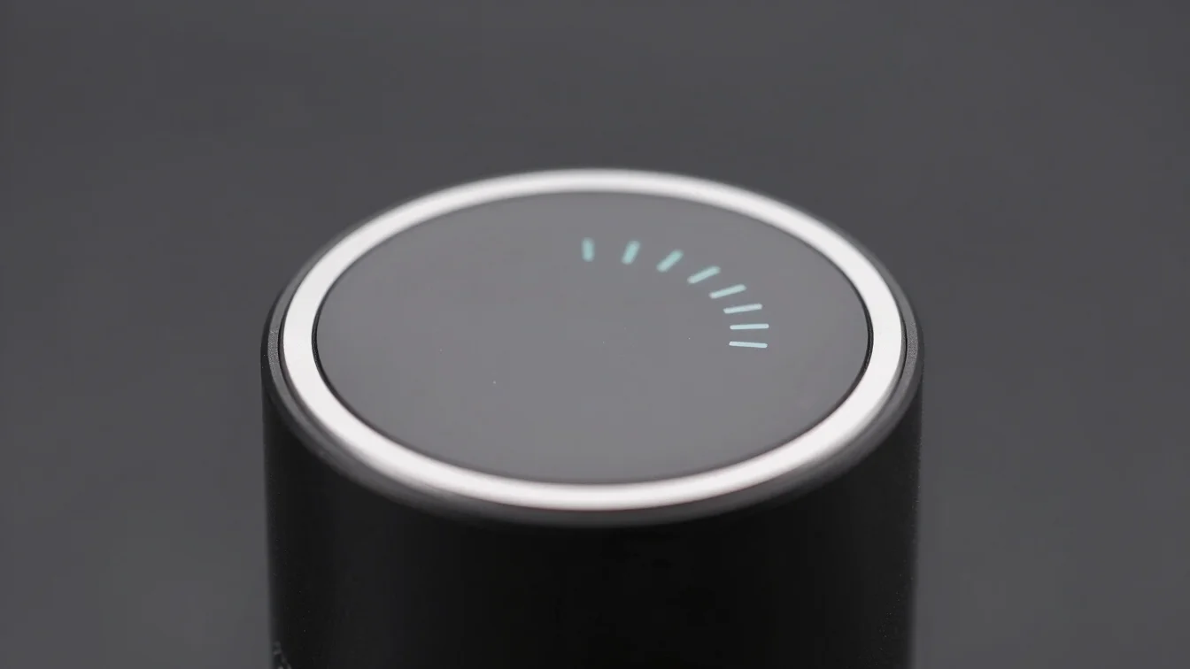 Close-up of a power bank's power meter display, dark neutral back