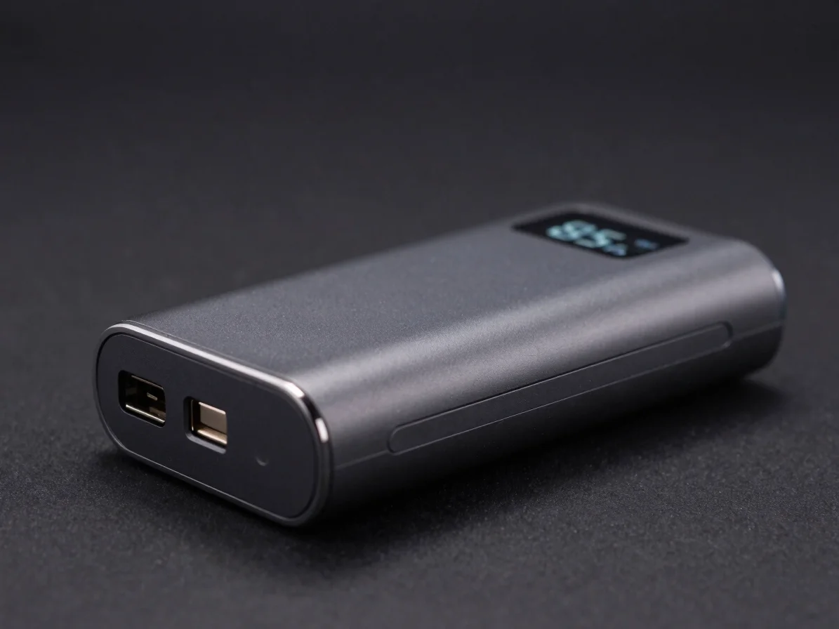 Macro shot of a dark gray high-wattage USB-C power bank, power me