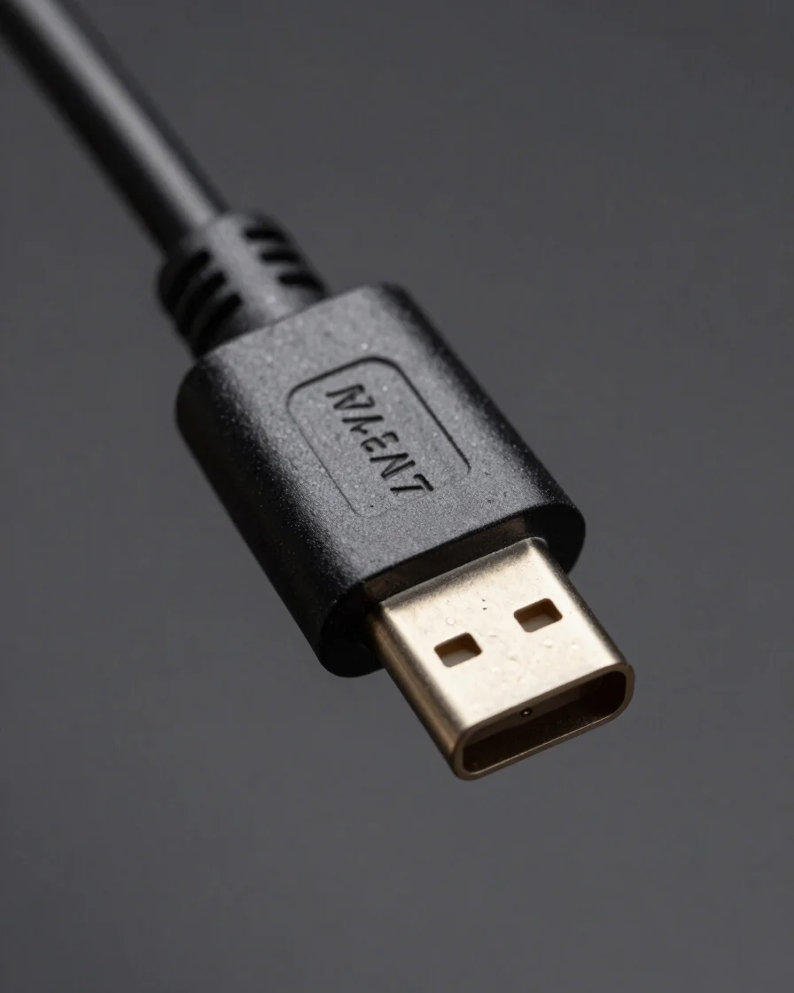 Macro studio shot of a USB-C cable connector, metallic pins visib