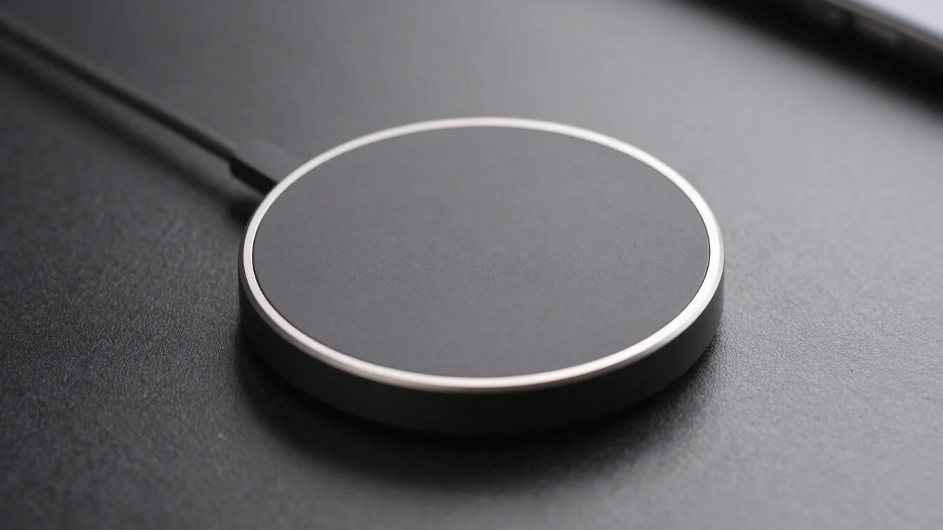 Overhead flat-lay of a sleek wireless charging pad on a dark desk